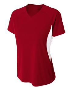 A4 NW3223 - Ladies Color Block Performance V-Neck Shirt Cardinal/White