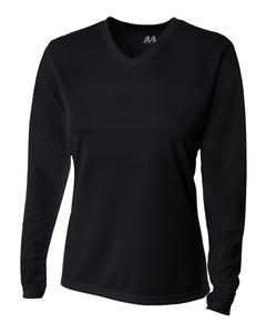 A4 NW3255 - Ladies Long Sleeve V-Neck Birds Eye Mesh T-Shirt Negro